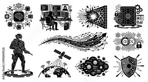 Cybersecurity Icons: Hacker, AI, Firewall, Safe, Satellite, Shield, Viruses