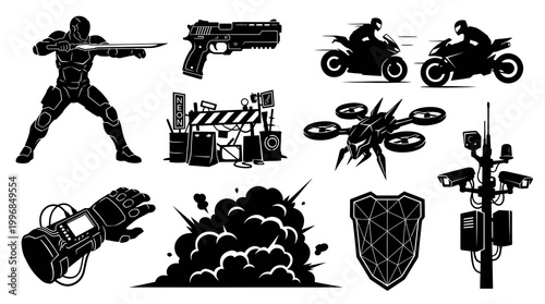 Security  Technology Vector Glyph Icons Set: Urban Combat, Surveillance, Sci-Fi Elements