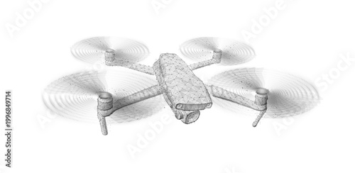 Drone. Abstract 3d drone isolated on white. Military technology, aerial monitoring, futuristic videography, security innovation, remote video, digital tech, quadcopter concept. Polygonal illustration.