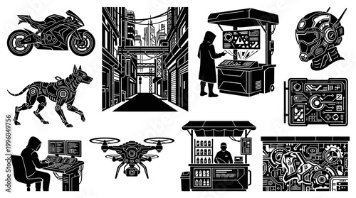 Sci-Fi Cyberpunk Technology Icons Set - Futuristic Vector Glyph Illustrations