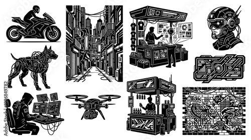 Black  White Line Art: Cyberpunk Technology Icons with Robot Dog, Hacker, Drone, Futuristic City