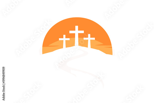 Dramatic Vector Illustration of Three Crosses on Calvary Hill with a Winding Path Leading to the Summit under a Large Orange Sun, Symbolizing Christian Faith, Easter, and the Journey to Salvation.