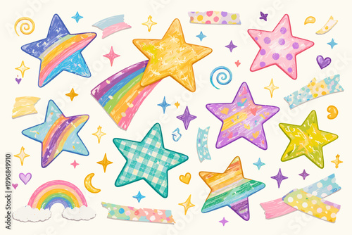 Colorful Hand Drawn Crayon Star Illustration Set with Rainbow Patterns, Washi Tape, Hearts and Sparkles. Whimsical Scrapbook Journaling Elements, Paper Cutout Style Vector for Kids Craft Design.