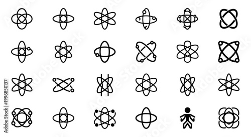 Atomic, molecular, chemistry icons, 25 black line art symbols, science illustrations, vector graphics