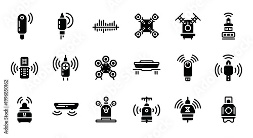 Wireless Communication Icons, Network Symbols, Connectivity Signs, Black Vector Graphics