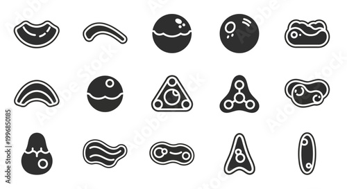 Black and white cell biology icons, microorganism symbols, cellular structures, scientific vector graphics