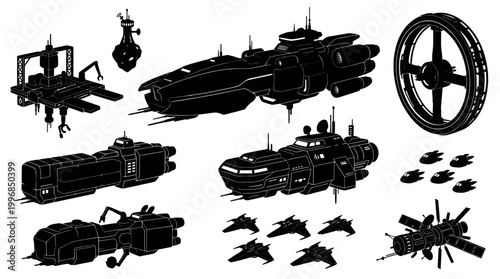 Futuristic Sci-Fi Spacecraft  Spaceship Black  White Line Art Icons Set - Vector Glyphs
