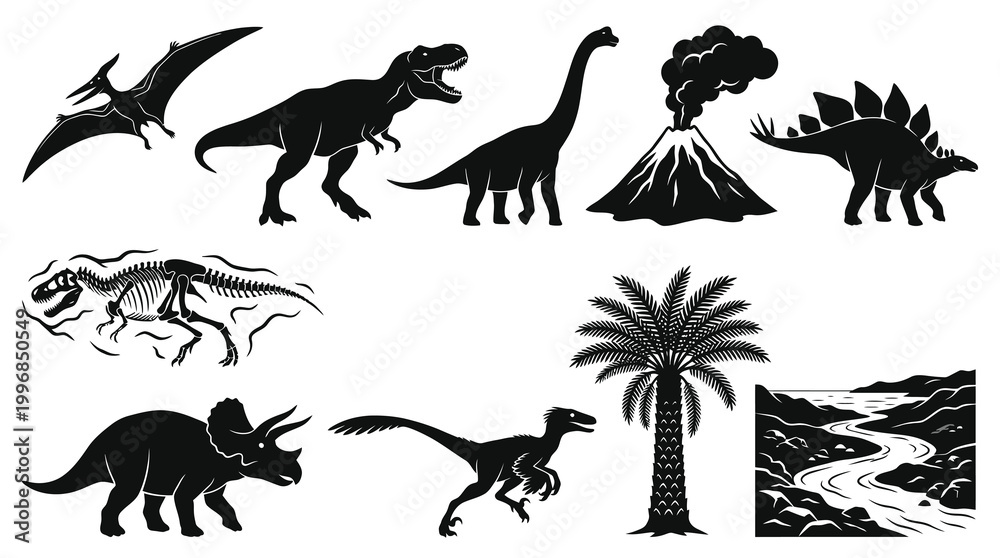 Fototapeta premium Prehistoric Dinosaurs and Ancient Landscape Icons - Black and White Silhouette Set