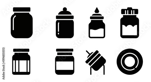 Black ink, paint, and liquid bottle icons, vector set of 8