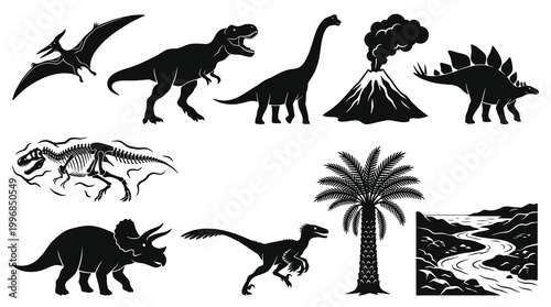 Prehistoric Dinosaurs and Ancient Landscape Icons - Black and White Silhouette Set