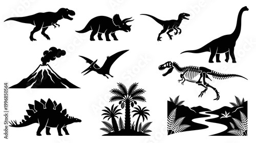 Prehistoric Dinosaur  Landscape Silhouette Icons Set - Ancient Animals  Nature