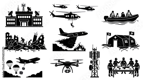 Emergency Services Disaster Relief Rescue Operations Black  White Glyph Icon Set