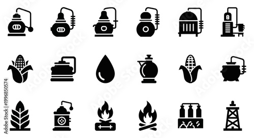 Industrial agriculture icons, farming symbols, biofuel graphics, 20 black vector icons