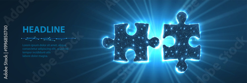 Two puzzles in back light. Digital solution, partners cooperate, matching solution concept. Partnership agreement, successful business strategy, team work, company merge symbol. Abstract concept