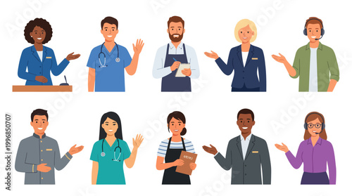 Diverse Professionals Waving, Flat Illustration Stock Vector