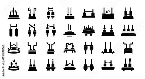 Industrial factory icons, manufacturing symbols, machinery graphics, industrial equipment signs, 40 black silhouette vector icons