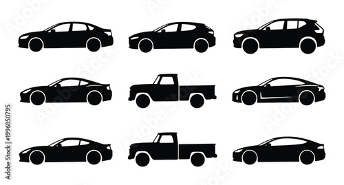 Obraz na płótnie Modern Car Silhouettes Collection, Diverse Vehicle Icons, Sleek Automotive Vecto
