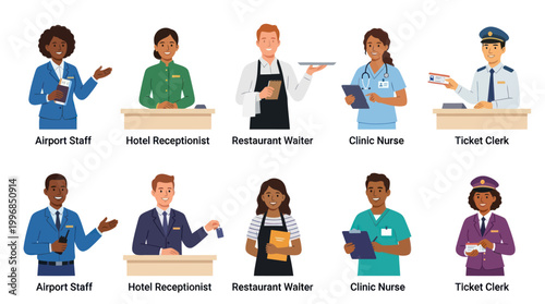 Diverse Professionals: Airport Staff, Receptionist, Waiter, Nurse, Ticket Clerk Flat Art
