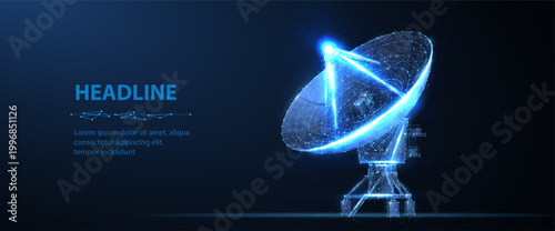 Parabolic antenna. Abstract 3d satellite antenna. Radio telecommunication, astronomical telescope, military radar, universe research observatory, data transmit, satellite signal receiver concept