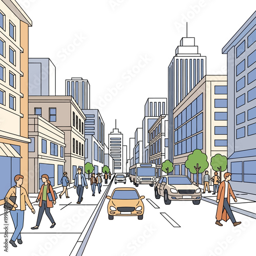 Urban city street scene with pedestrians and cars, modern buildings, daily life illustration