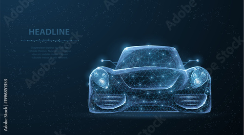 Car. Abstract 3d polygonal wireframe low poly sport car on blue night sky with stars. Speed, drive, fast race auto style, power concept vector illustration or background
