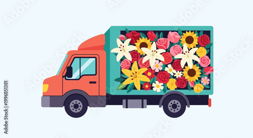 Vibrant floral delivery truck overflowing with a diverse arrangement of colorful blooming flowers and plants, symbolizing nature's beauty and fresh floral services