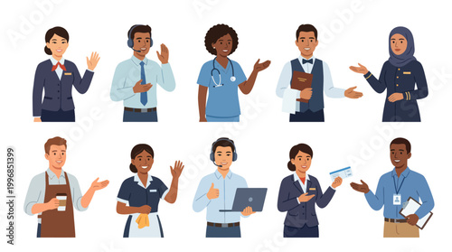 Diverse Service Professionals Waving, Flat Vector Illustration