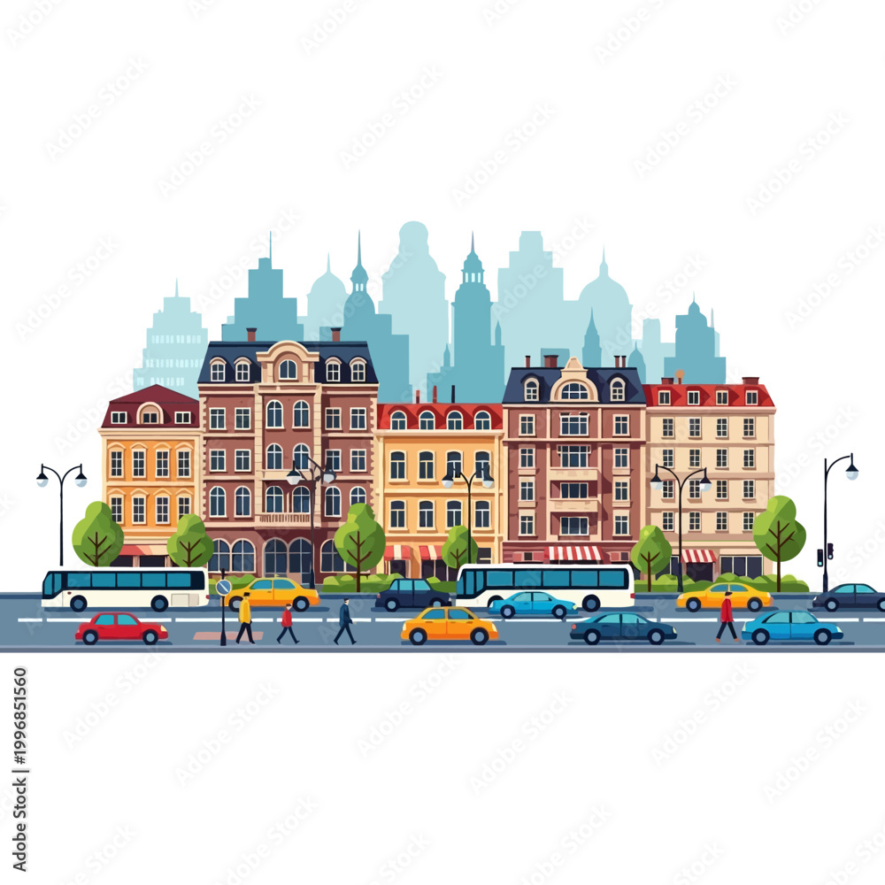 Fototapeta premium Urban City Street with Classic Buildings, Cars, Buses, and Pedestrians - Vector Illustration