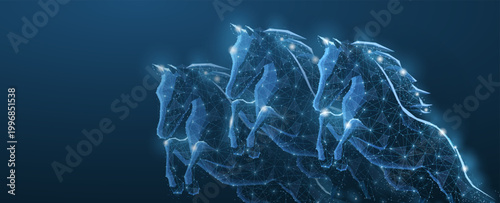 Jumping race horses. Low pole. Horse riding, equestrian sport, good luck, digital technology, fortune symbol. Sport background, bet win, dream horses, derby win, competition concept.
