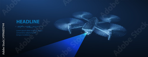 Drone. Abstract 3d drone isolated on blue. Military technology, aerial monitoring, futuristic videography, security innovation, remote video, digital tech, quadcopter concept. Polygonal illustration.