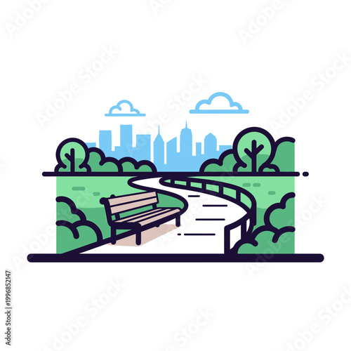Urban Park Landscape with Winding Path, Bench, Trees, and City Skyline