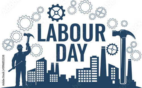 labour day illustration with worker silhouette and industrial elements