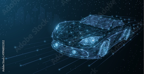 Vector high speed motion car night city drive. Abstract wire low poy car illustration on dark blue cityscape background stars, headlight on. Transportation, fast drive, vehicle road travel concept