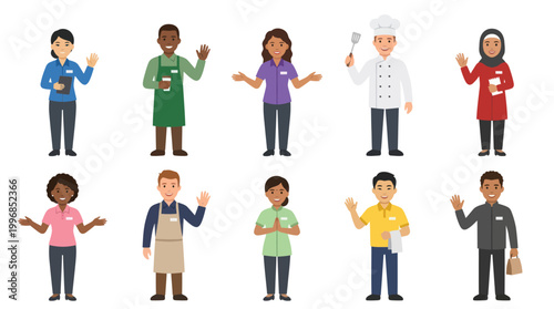 Diverse professionals waving, flat design vector illustration