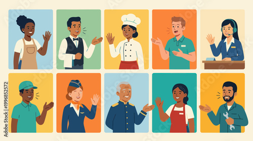 Diverse professionals waving hello, flat vector illustration representing various industries