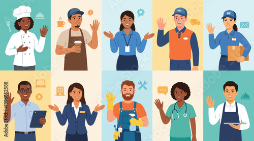 Diverse Professionals Waving, Flat Vector Illustration, People Industries