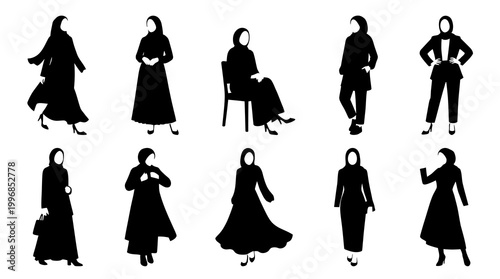 Elegant Muslim Women in Hijab Black Silhouette Vector Glyphs: Modest Fashion  Lifestyle