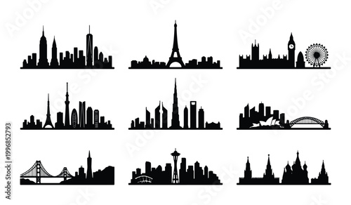 Foto Global City Skylines Silhouette Collection, Iconic Landmarks Vector Set, Urban A