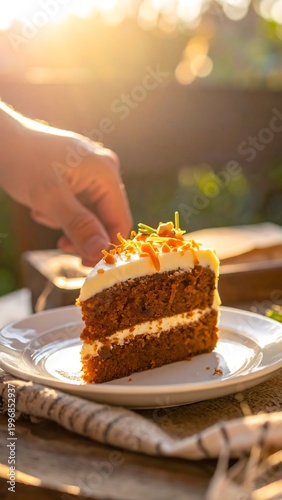 Close-up of a hand reaching for a slice of carrot cake on a white plate, with blurred natural light