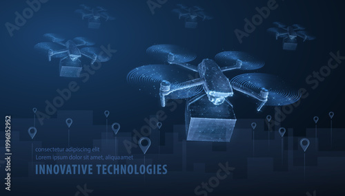 Drone. Low pole 3D drone on cityscape with pins. Futuristic box delivery, aerial technology, city drones , logistic innovation, urban food service, quadcopter tech concept. Polygonal illustration.