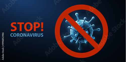 Stop virus sign. Abstract 3d microbe on blue background. Computer virus, allergy bacteria, medical healthcare, microbiology concept. Disease germ, pathogen organism, infectious micro virology