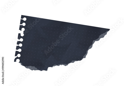 Realistic crumple grunge dot grid textured crumpled paper angle sheet. Wrinkled page piece torn ripped black paper damaged holes side isolated. Vector blank reminder note notebook corner leaf.