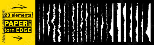 Jagged torn paper rip edge effect on clean white recycled sheet texture. Vector collection includes page piece blank card tag label banner divider claw cut line. Cardboard tear edge kit bundle.