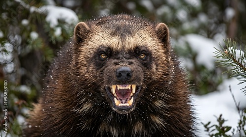 Wild wolverine displaying teeth in snowy forest environment