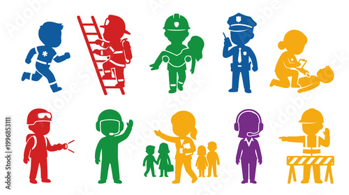 Emergency and Community Service Professions Flat Glyph Vector Icons Set