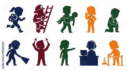 Flat Silhouette Professions Vector Icons: Essential Workers and Community Helpers Set
