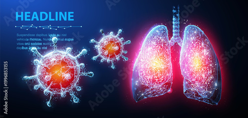 Virus in lung. Abstract vector 3d corona microbe on lung background. Pneumonia virus, covid illnes, medical healthcare, microbiology concept. Disease germ, pathogen organism, infectious micro virology