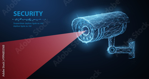 Security camera. Vector low pole illustration. Isolated on blue. Security system, smart home, cctv concept.