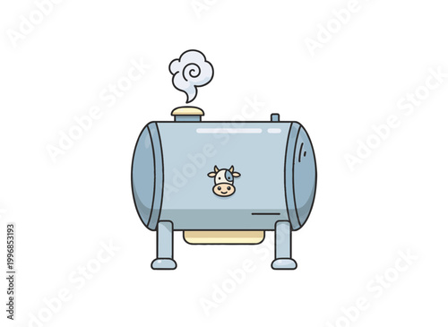 Stainless steel milk cooling tank flat vector illustration. Dairy farm industrial equipment with cow icon. Agricultural production concept isolated on transparent background