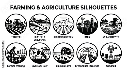 Farming and Agriculture Silhouettes: Tractor, Barn, Farm, Harvest, Livestock, Greenhouse